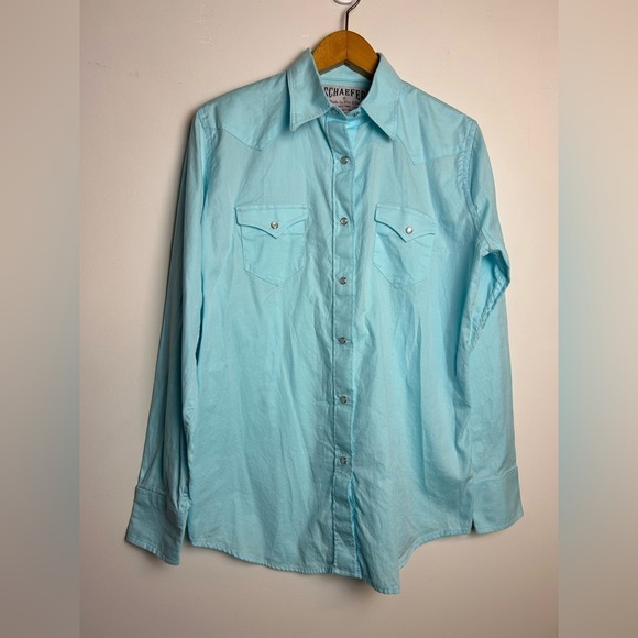 Schaefer Western Shirt L Ranch Snap Button Down Blue Long Sleeve Cowgirl plaid - Picture 1 of 10